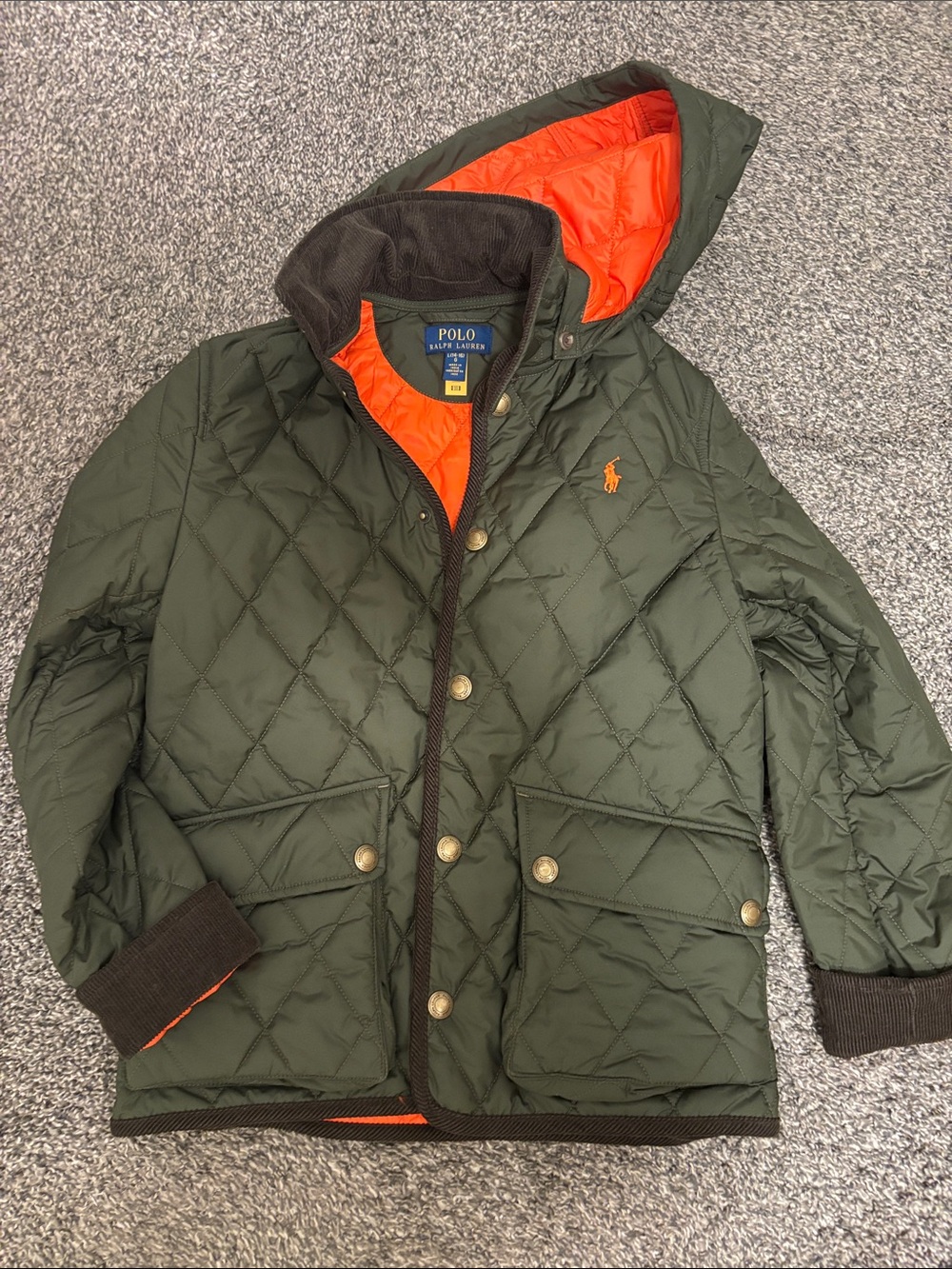 Polo by Ralph Lauren Quilted Hooded Puffer Jacket - Olive with Orange Lining